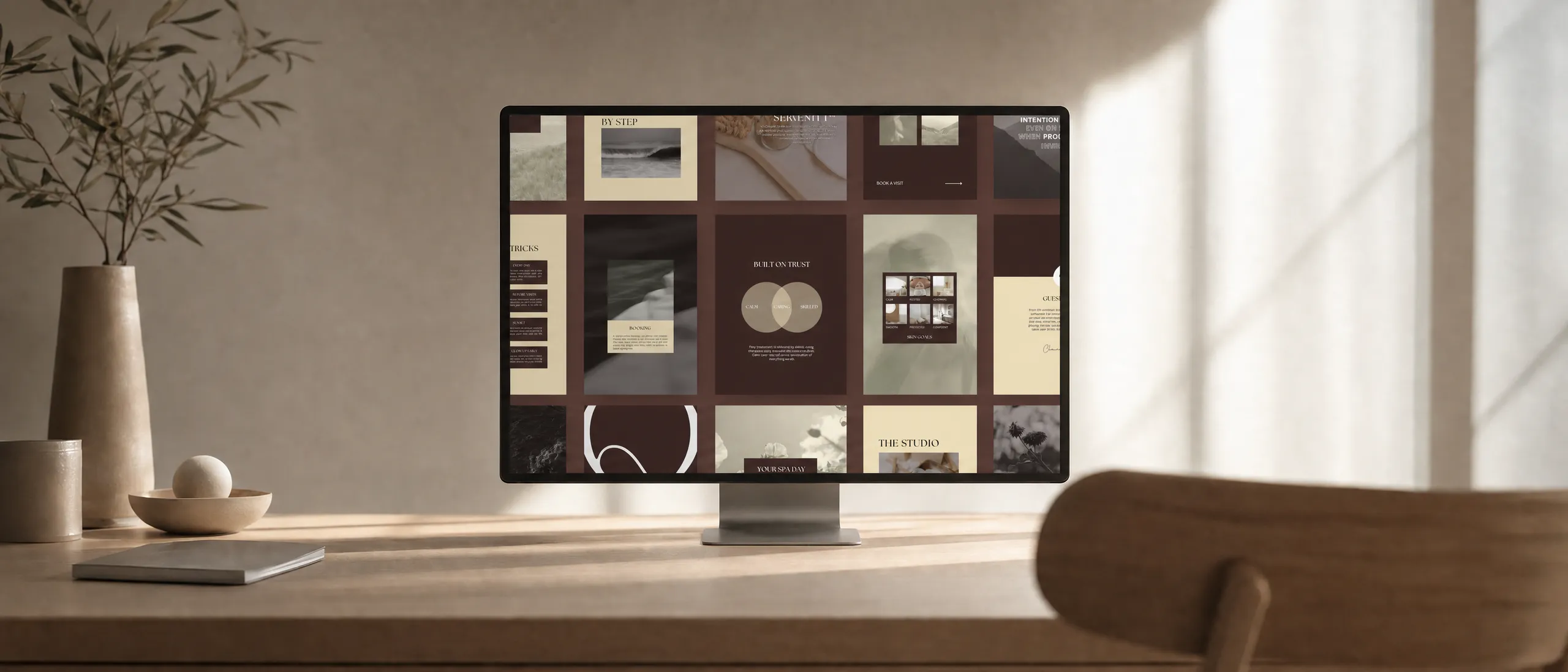 Ava Vae Instagram templates shown on a desktop screen in a warm studio