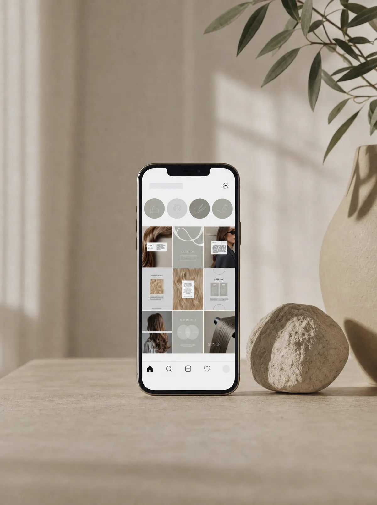 Instagram grid with hair salon templates on a phone