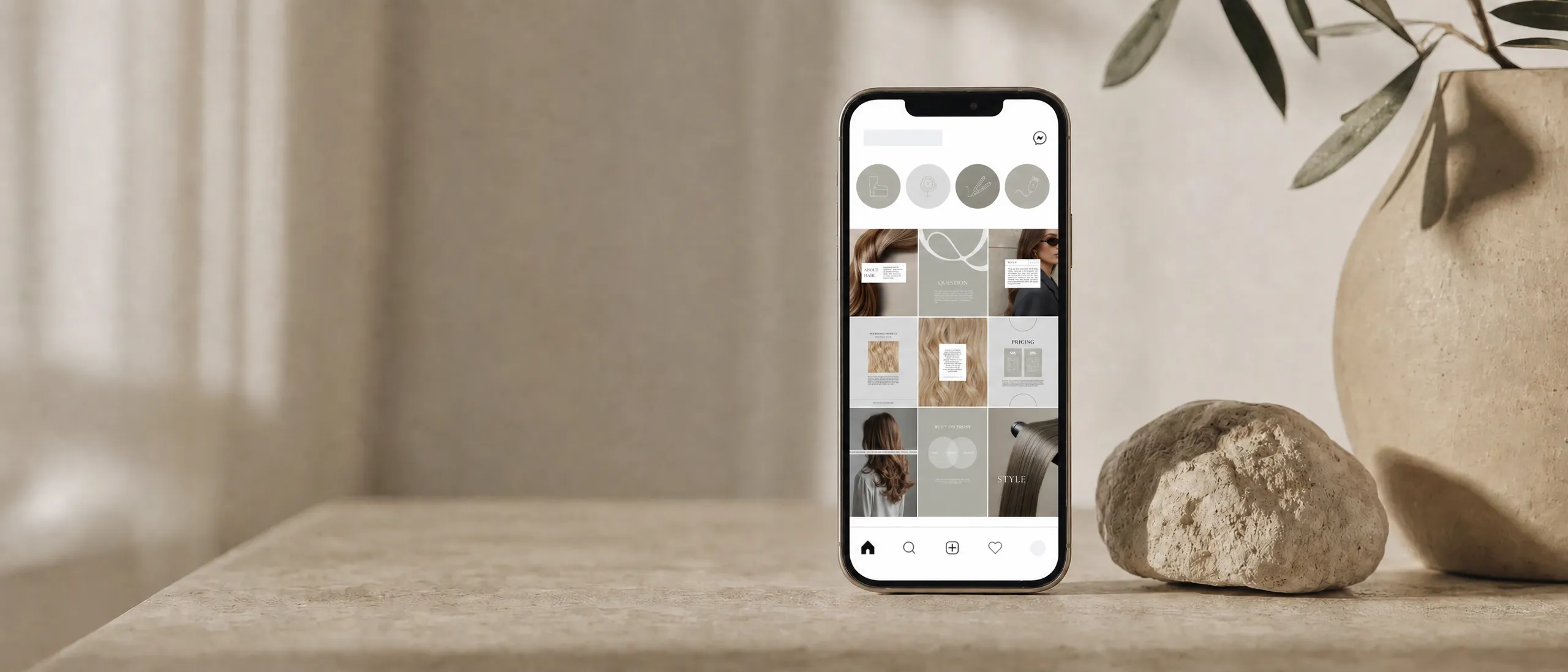 Instagram grid with hair salon templates on a phone