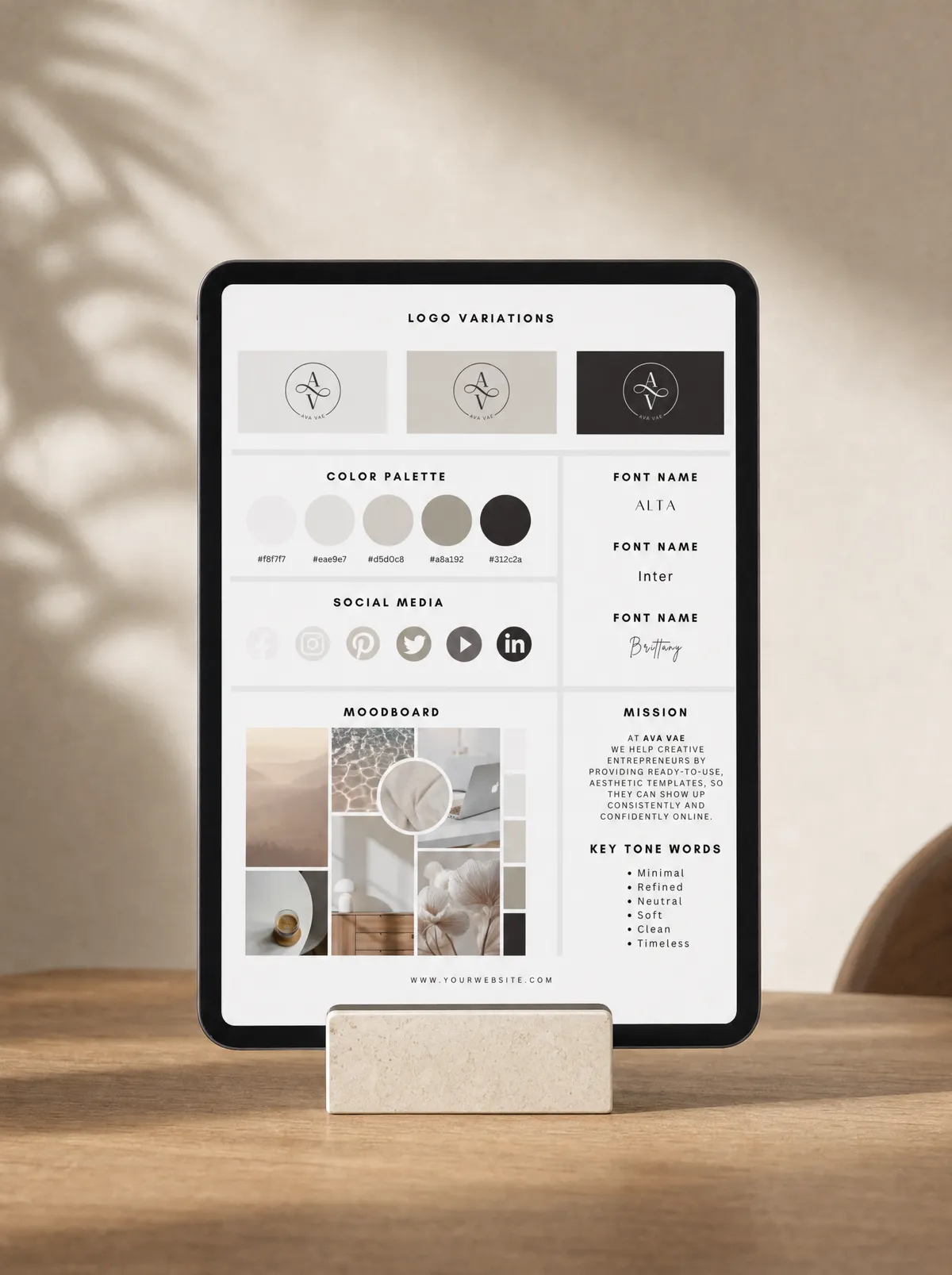 Free brand board template shown on a tablet