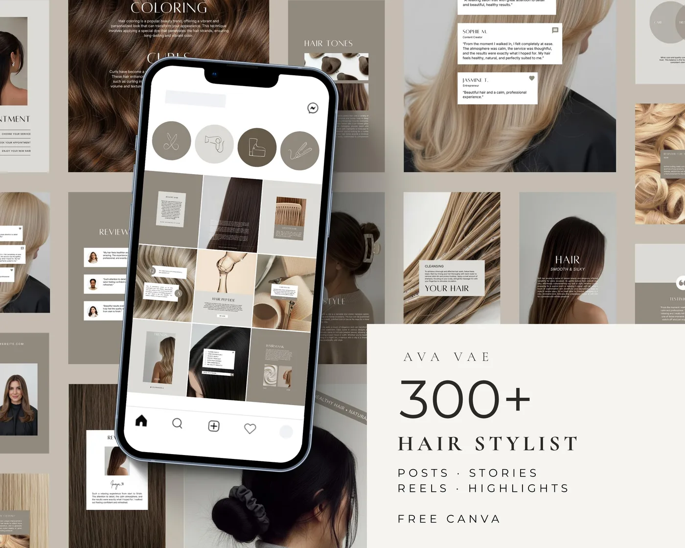 Hair Salon Instagram Bundle, Aesthetic style, template preview